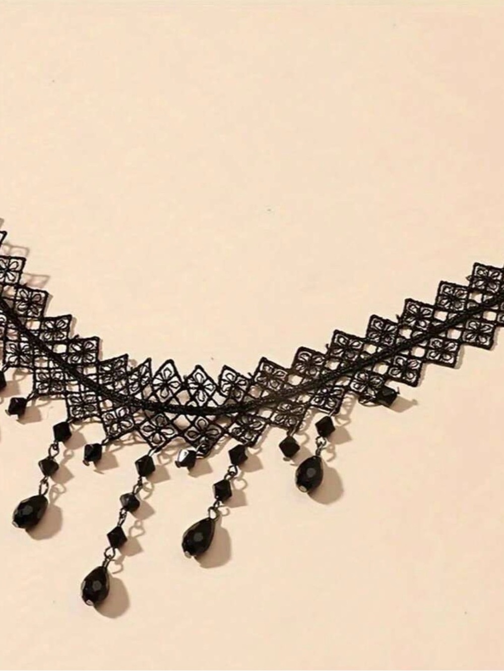 Black Lace Choker Necklace with Dangling Beads - Picture 4 of 5